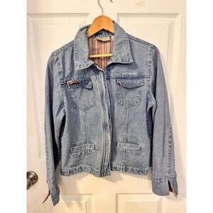 Vintage Longaberger Homestead Embroidered Women's Denim Jacket Flip Cuffs S Zip